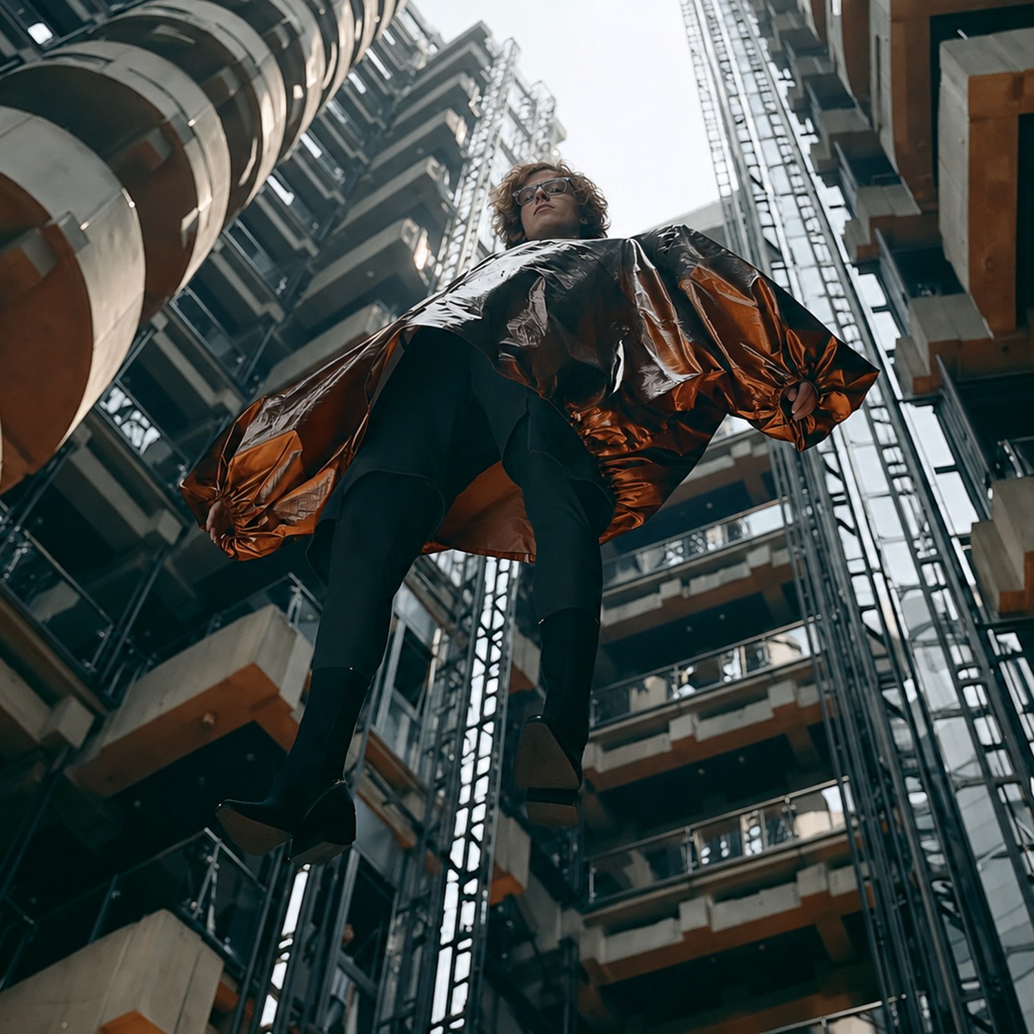 A figure in a burnt-orange metallic cape floats between brutalist concrete towers, arms outstretched — the colour payoff of the Polymathia campaign.